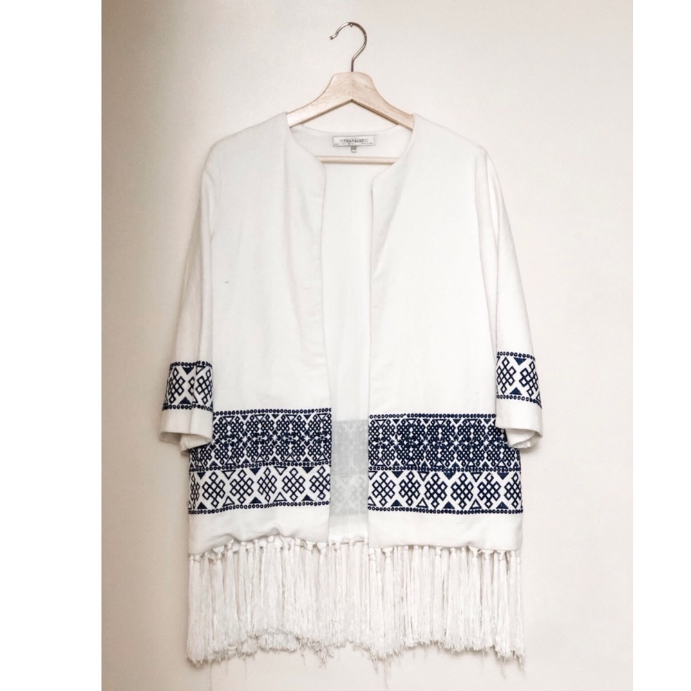 Zara Trafaluc Fringe Embroidered Cardigan Medium White Tweed Blue